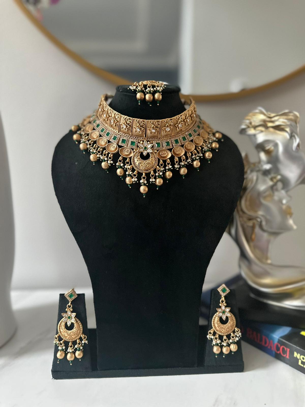 Antique Gold Look Green Choker Set with Maangtika and Beautiful Earrings