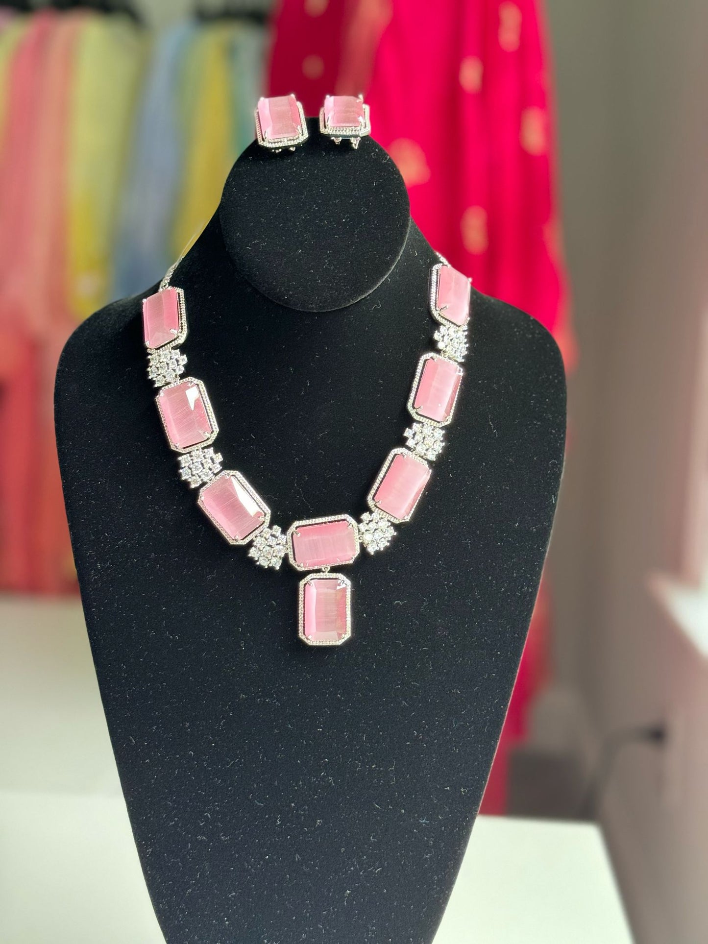 Trendy and Beautiful Pink AD Necklace Set