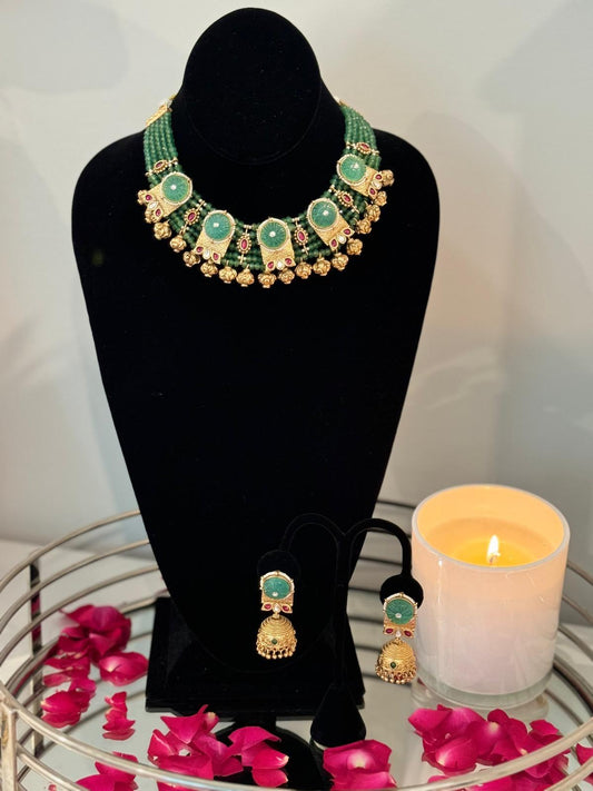 Gold Finish Kundan Polki Green Beeds Choker Necklace Set with Beautiful Earrings