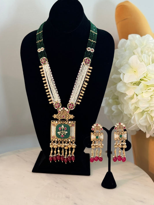 Multilayered Gold Plated Red and Green Polki Long Necklace