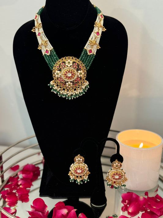 Multi Layered Antique Designer Green Maharani Necklace Set with Matching Earrings