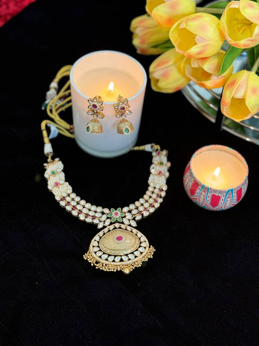 Multi Colored Pearl Kundan Pendant Necklace Set with Beautiful Earrings