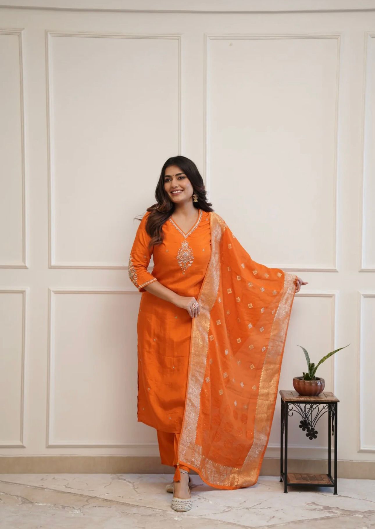 Dola silk suit with handwork detailing and banarasi silk dupatta