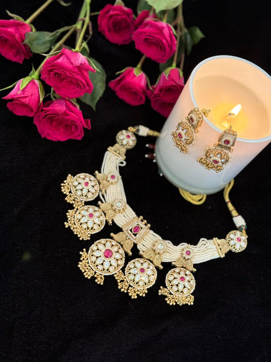 Gold Plated Red Stone Unique Design Rajwadi Necklace Set with Gorgeous Earrings