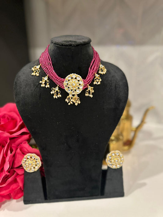 Red Color Small Beads Pearl Kundan Choker Set with Stud Earrings