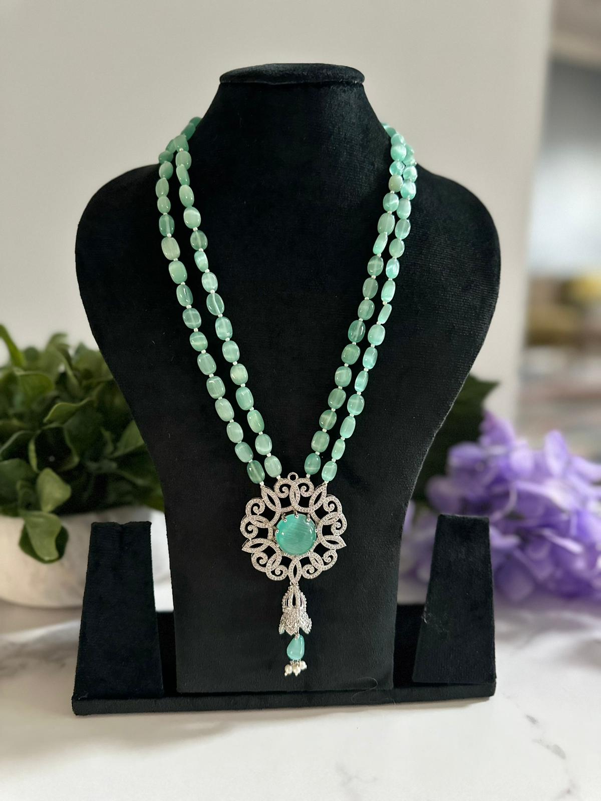 Two Layer Green Beads Long Necklace