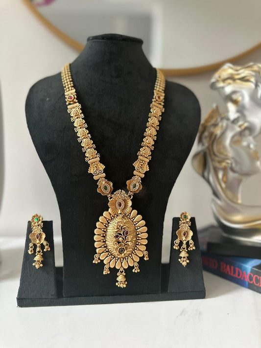 Golden Long Pendant Set with Earrings