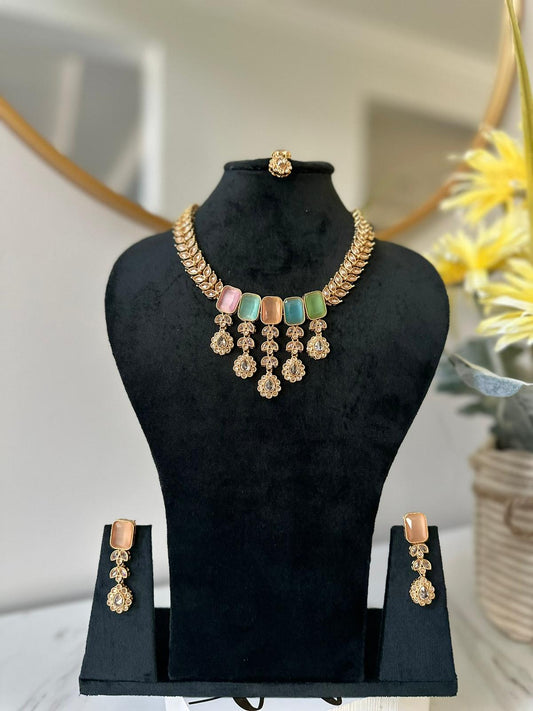 Gold Plated Multicolor Stone Kundan Necklace Set