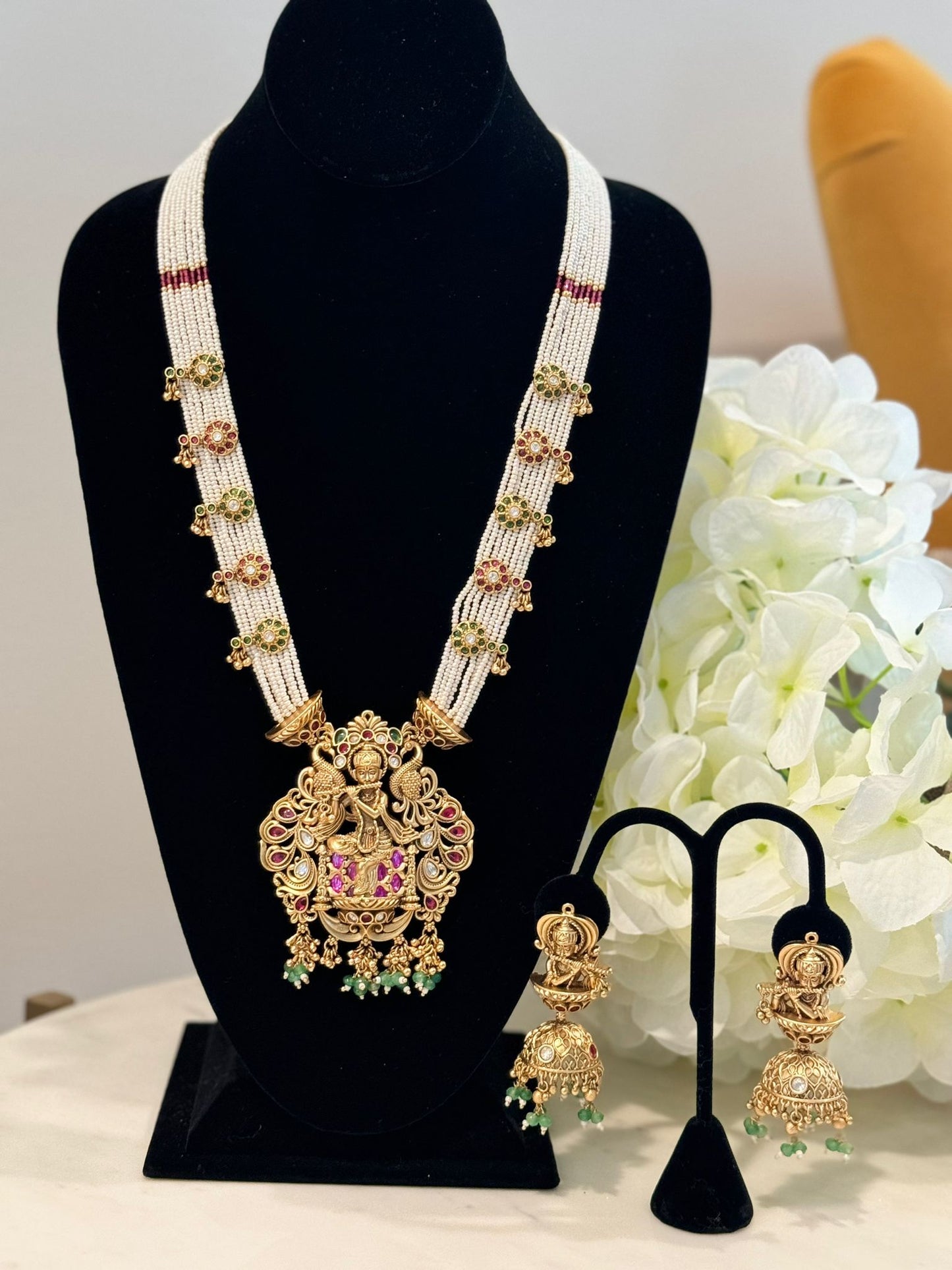 Multilayered Gold Plated Lord Krishna Design Long Necklace Set