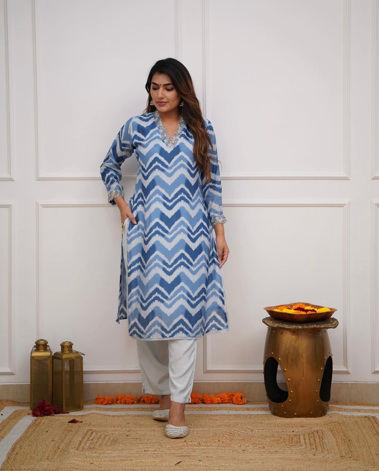 Pure muslin Kurta pant set with hand embroidery and digital print