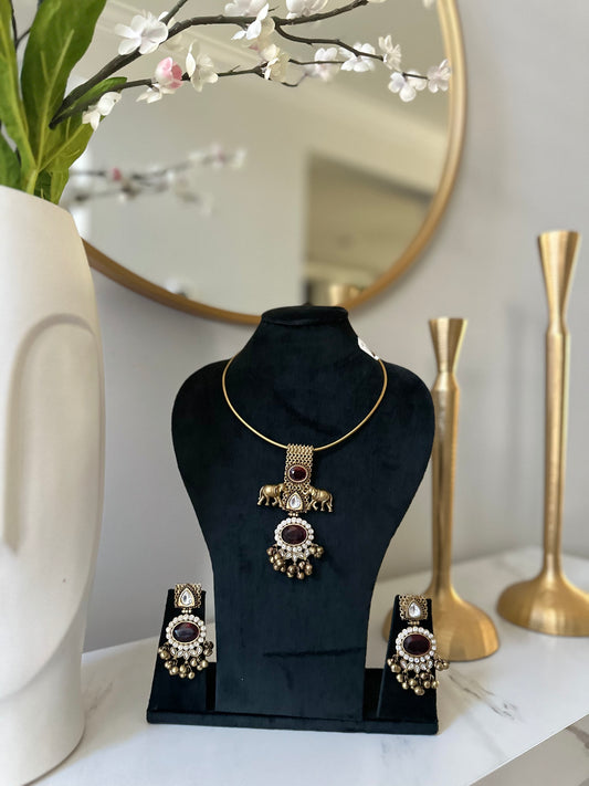 Gold Plated Stone Studded Antique Necklace Set