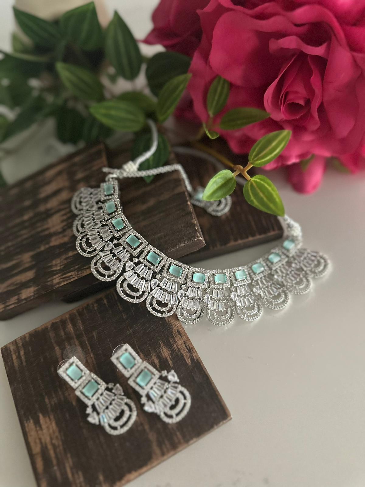 Mint Green American Diamind Necklace Set with Stylish Earrings