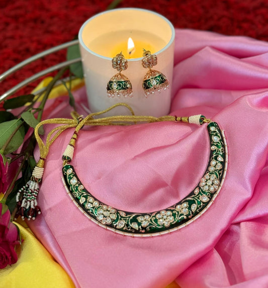 Fine Quality Green Meena Pearl Hasli Set with Gorgeous Earrings