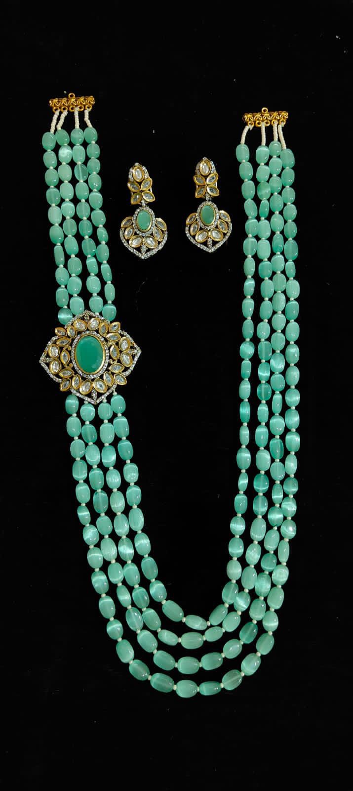 Multi Layer Cyan Color Beads Long Necklace Set with Beautiful Earrings