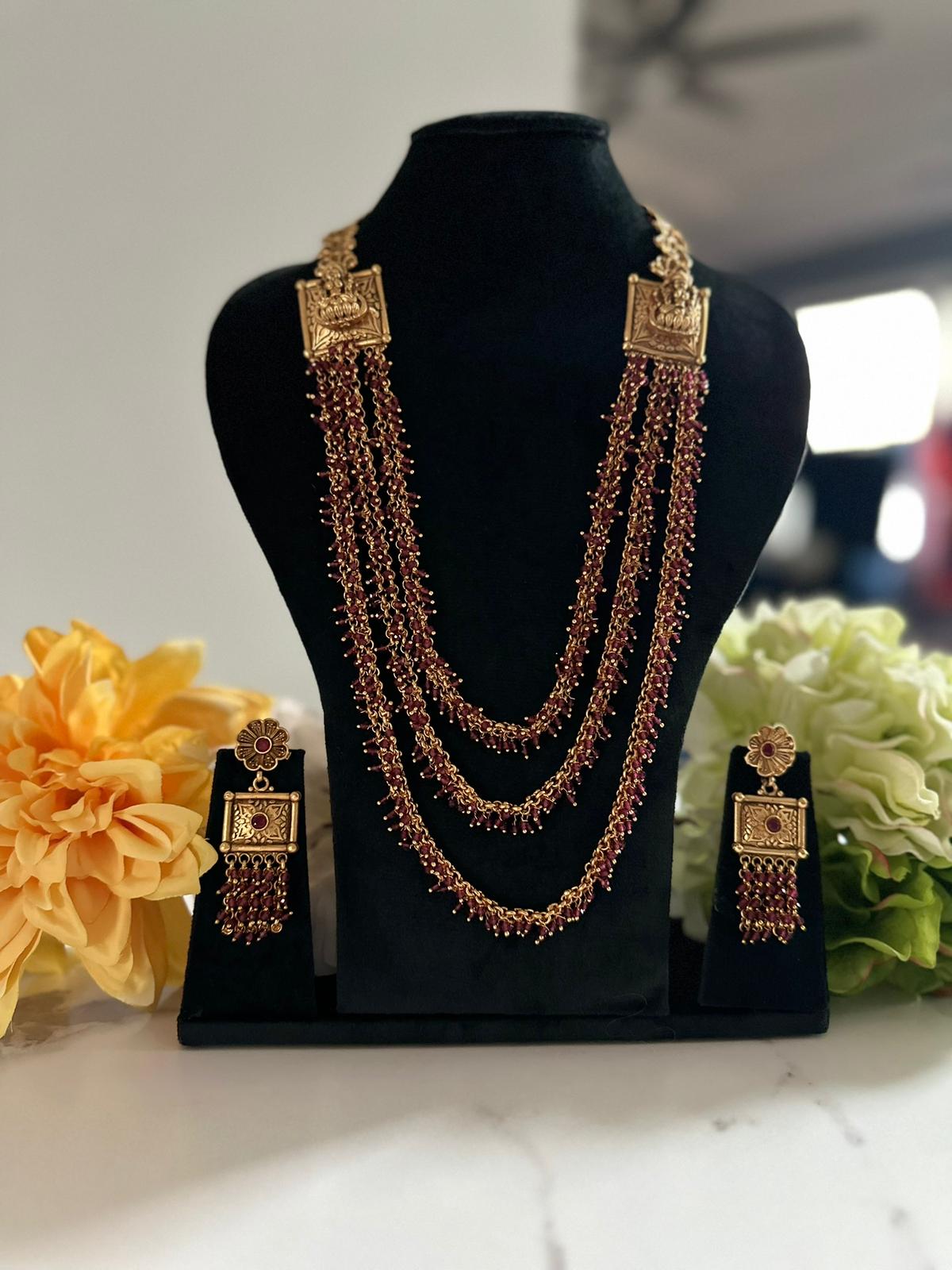 3 Layer Small Red Color Beads Long Necklace Set with Beautiful Earrings