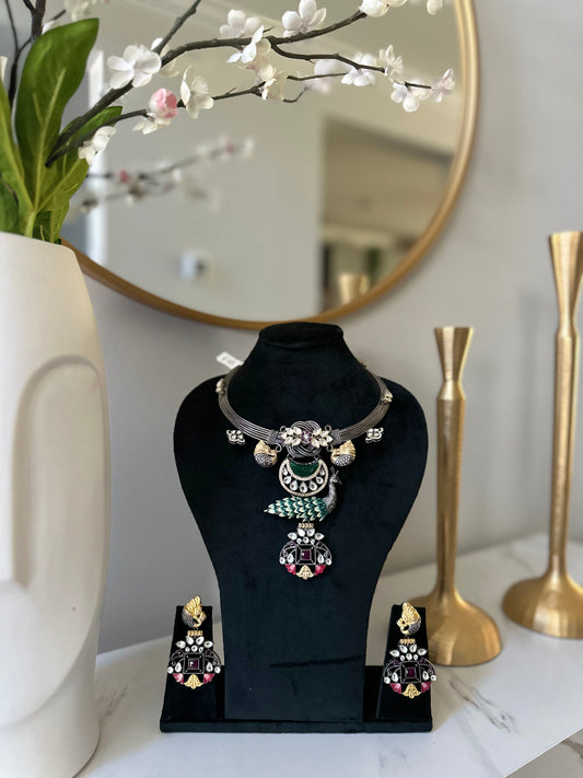 Peacock Design Hansuli Necklace Set