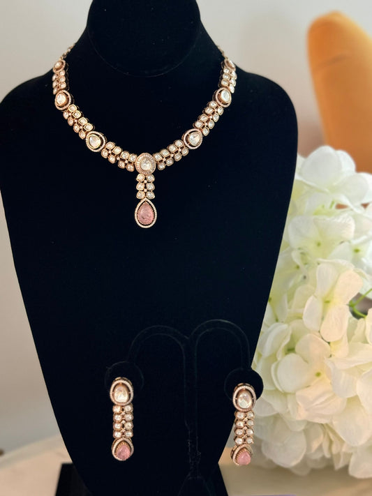 Pink Gold Plated Indo Western Kundan Necklace Set with Long Earrings