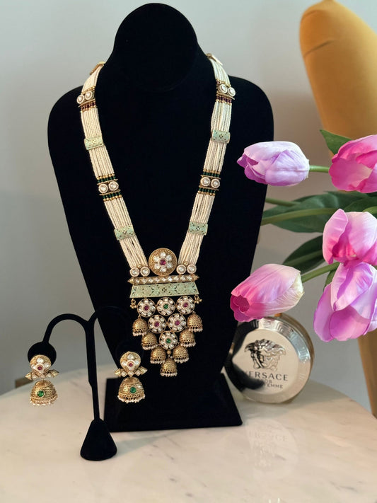 Multilayer Traditional Rajwaadi Necklace Set with Unique Jhumka Design